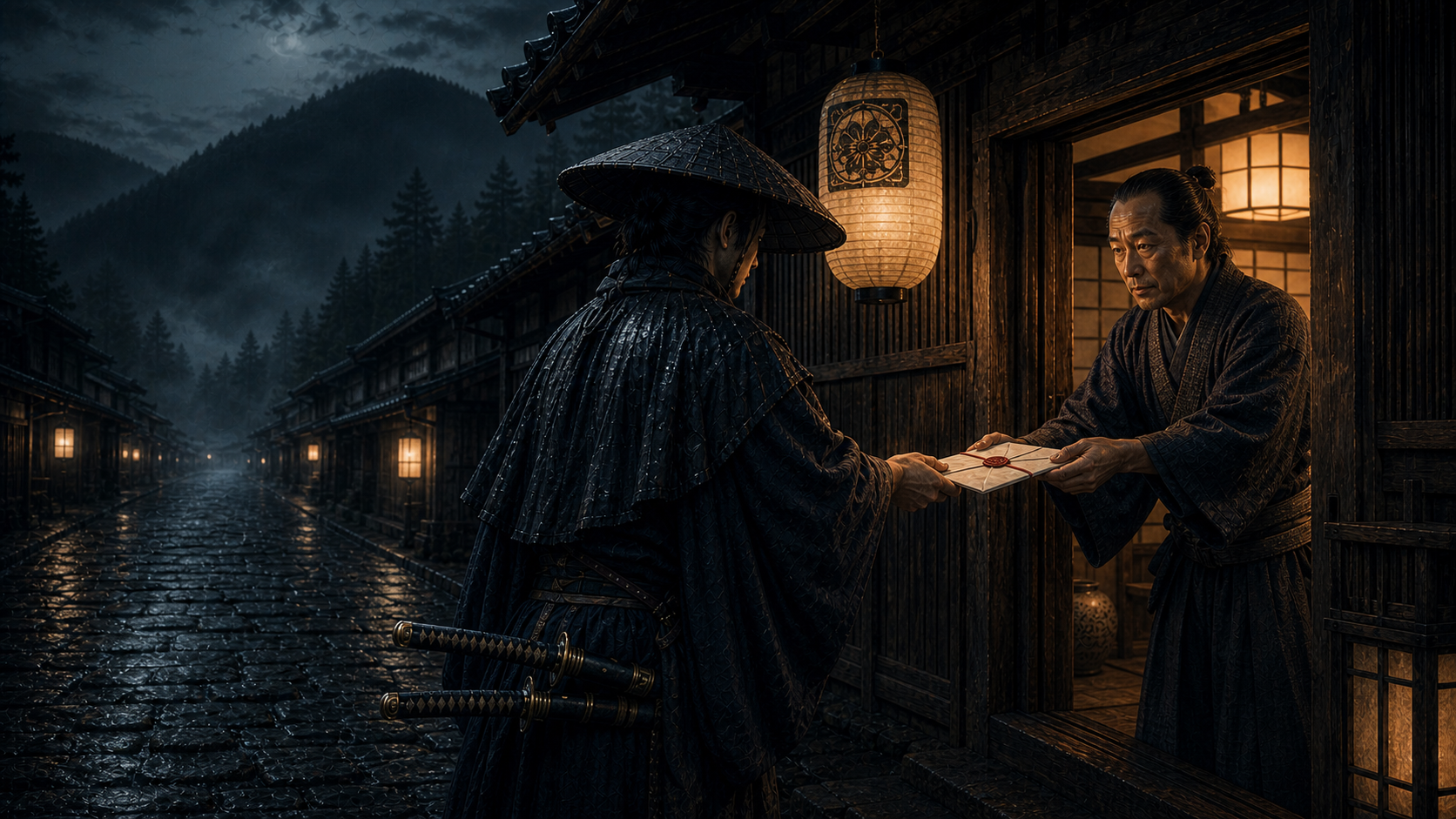 An innkeeper hands a sealed letter to a samurai courier outside an Edo-period post-town inn at night