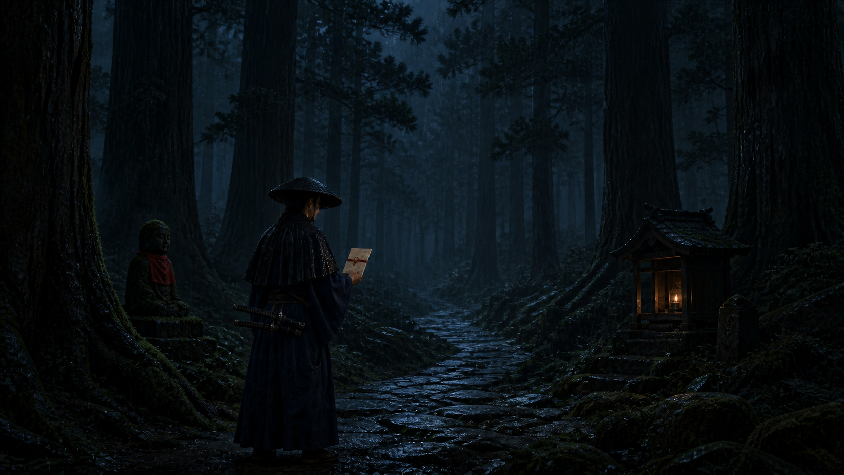 The courier walks alone through the cedar road at midnight.