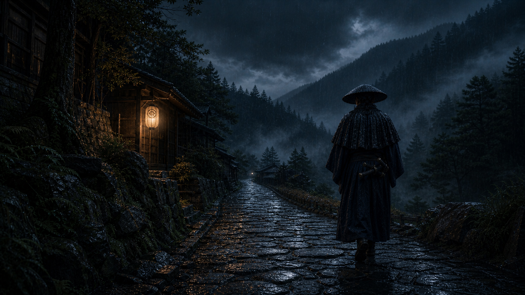 The courier leaves the last lantern of Magome and enters the mountain road.