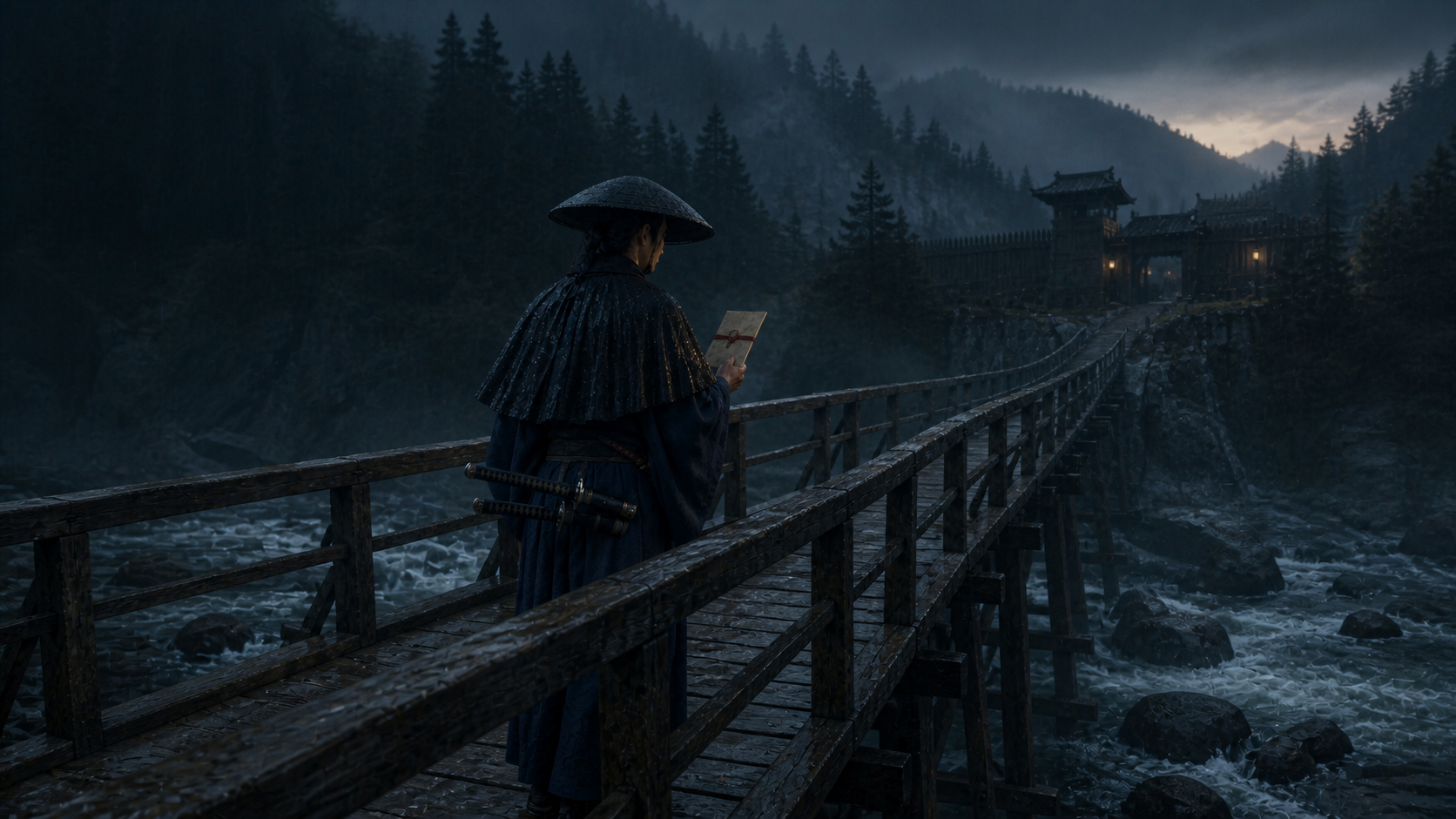 The courier approaches the river checkpoint before dawn.