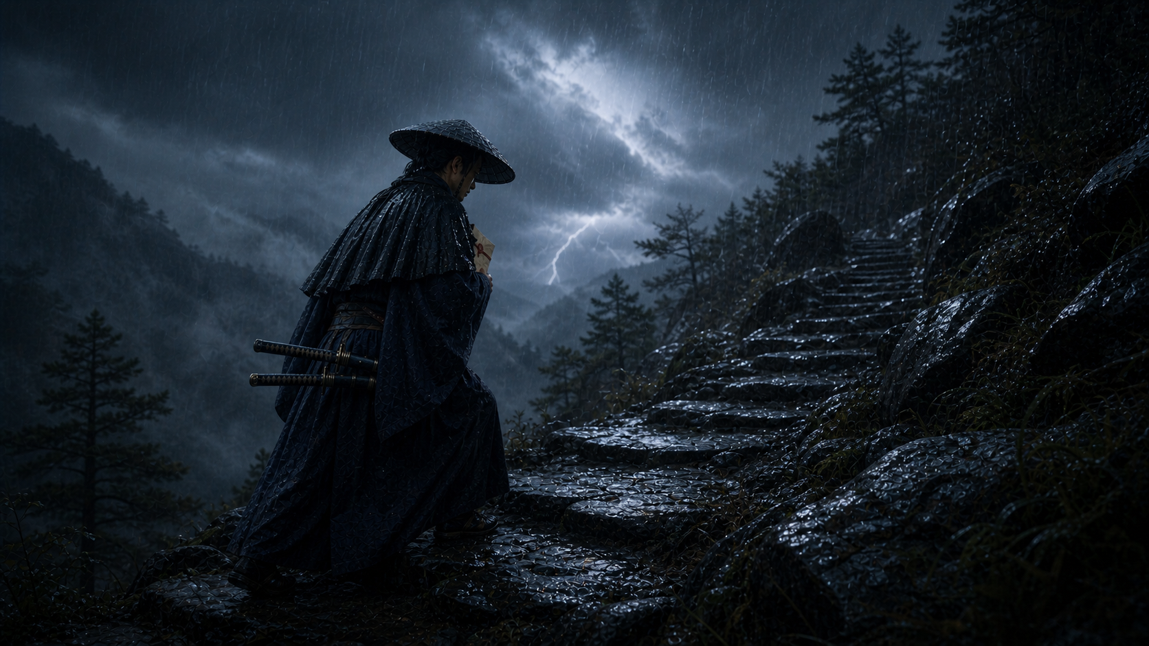 The courier shields the sealed letter while climbing through a mountain storm.