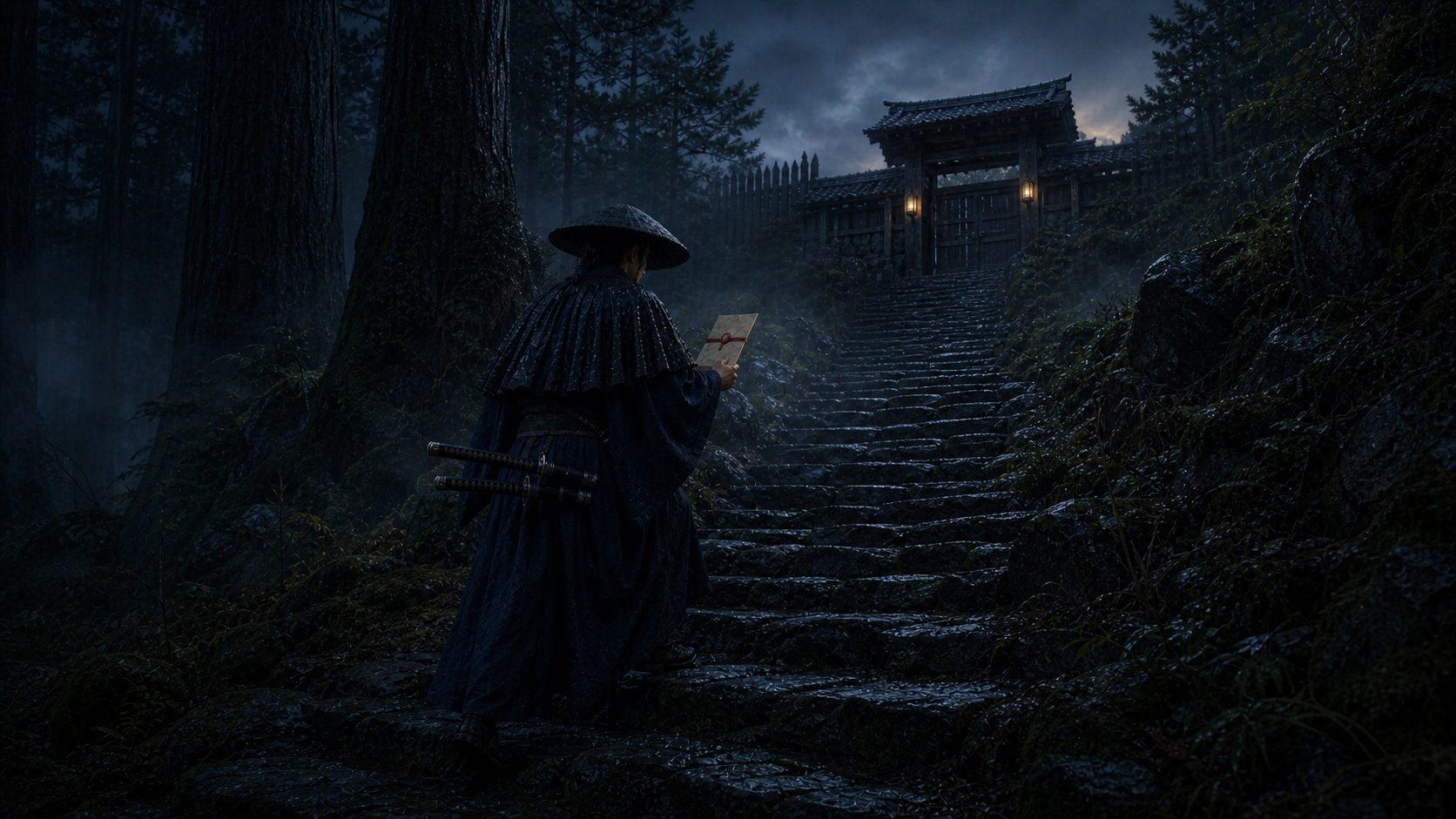 The courier climbs the final wet stone steps toward the closed checkpoint gate.